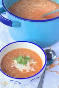 A bowl of Mexican fideo soup topped with cheese and cilantro sits next to a spoon, with a large blue pot of more soup in the background.